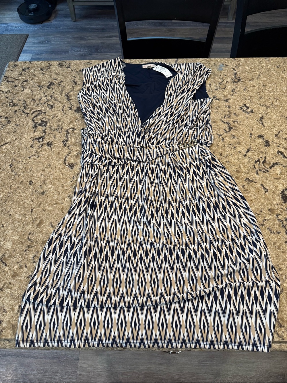 dressbarn Navy and Cream Geometric V-Neck Dress